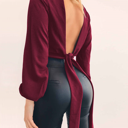 Backless V-Neck Long Sleeve Chiffon Blouse